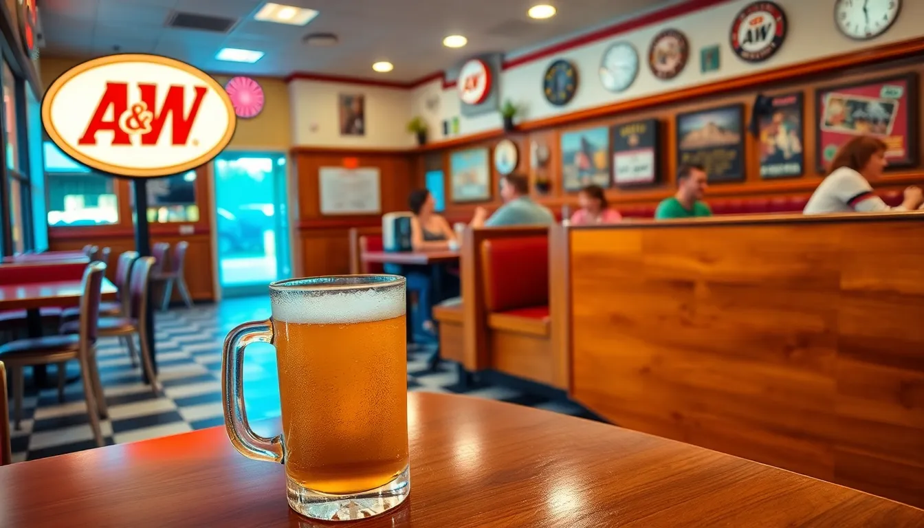 Nostalgic A&W diner scene with root beer and friends enjoying meals.