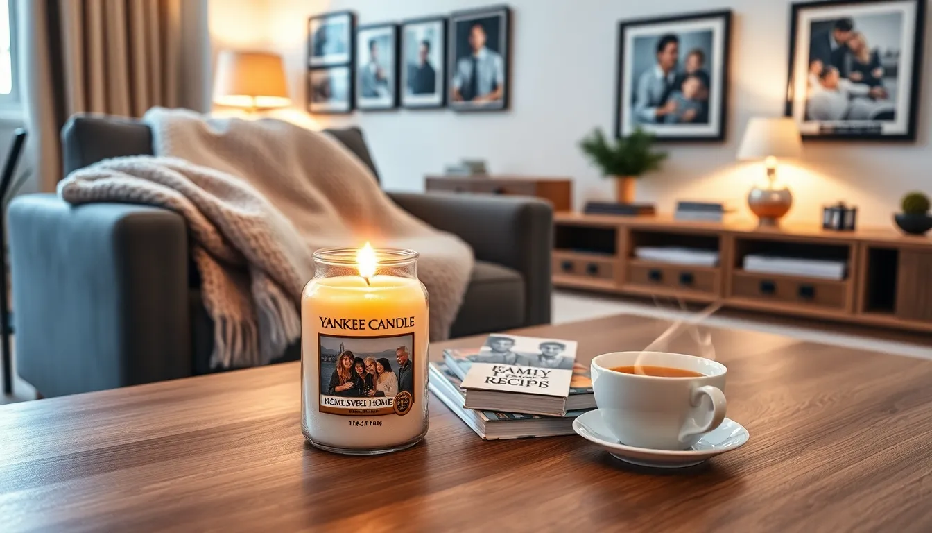 a Yankee Candle in a cozy living room setting.