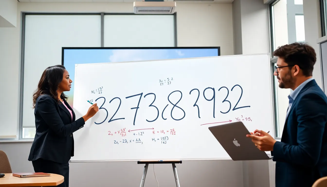 diverse professionals discussing numerical interpretation in a modern classroom.